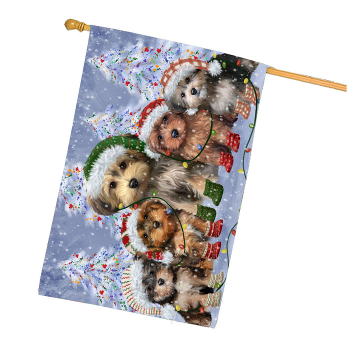 Christmas Lights and Yorkipoo Dogs House Flag Outdoor Decorative Double Sided Pet Portrait Weather Resistant Premium Quality Animal Printed Home Decorative Flags 100% Polyester