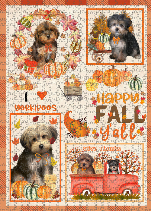 Happy Fall Y'all Pumpkin Yorkipoo Dogs Portrait Jigsaw Puzzle for Adults Animal Interlocking Puzzle Game Unique Gift for Dog Lover's with Metal Tin Box