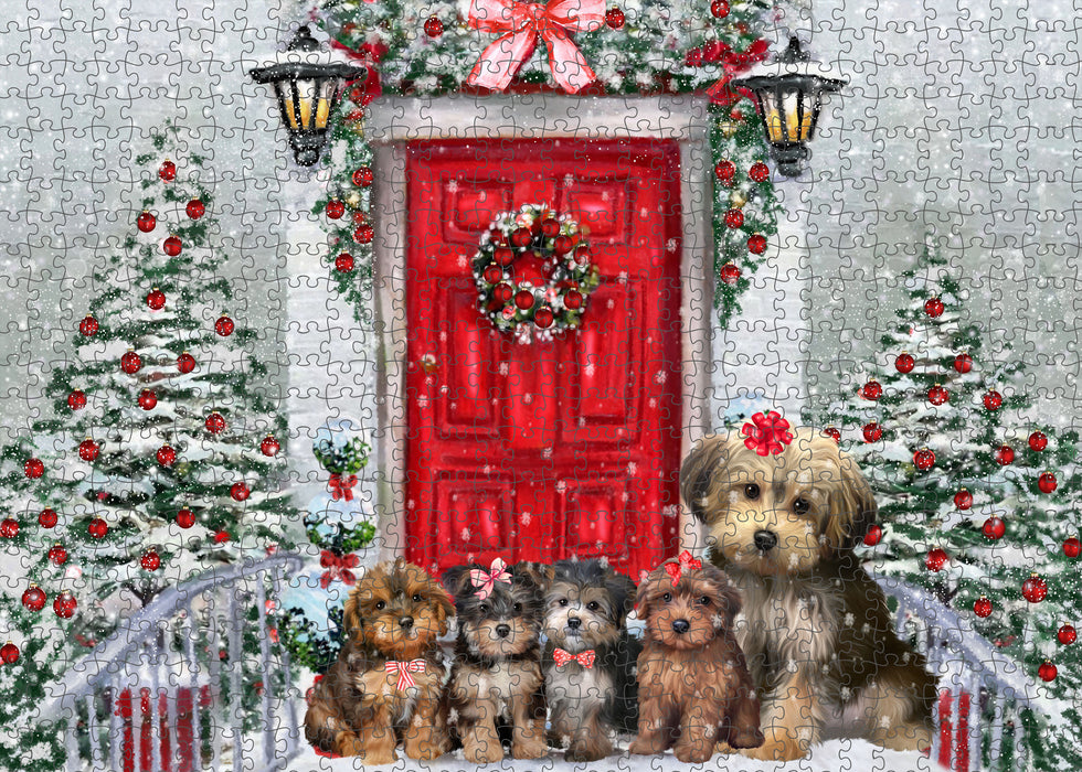 Christmas Holiday Welcome Yorkipoo Dogs Portrait Jigsaw Puzzle for Adults Animal Interlocking Puzzle Game Unique Gift for Dog Lover's with Metal Tin Box