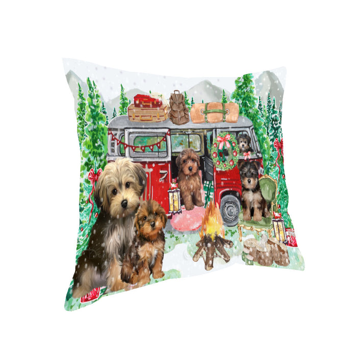Christmas Time Camping with Yorkipoo Dogs Pillow with Top Quality High-Resolution Images - Ultra Soft Pet Pillows for Sleeping - Reversible & Comfort - Ideal Gift for Dog Lover - Cushion for Sofa Couch Bed - 100% Polyester