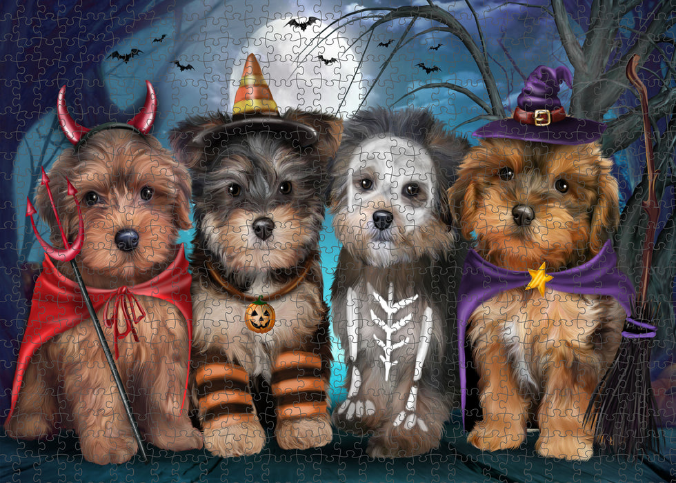 Happy Halloween Trick or Treat Yorkipoo Dogs Portrait Jigsaw Puzzle for Adults Animal Interlocking Puzzle Game Unique Gift for Dog Lover's with Metal Tin Box