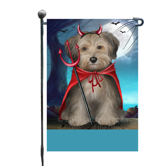 Personalized Happy Halloween Trick or Treat Yorkipoo Dog Devil Custom Garden Flag GFLG64496