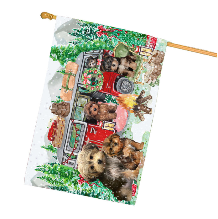 Christmas Time Camping with Yorkipoo Dogs House Flag Outdoor Decorative Double Sided Pet Portrait Weather Resistant Premium Quality Animal Printed Home Decorative Flags 100% Polyester
