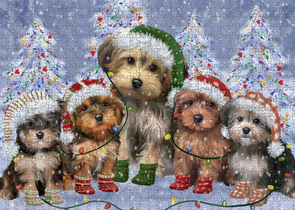 Christmas Lights and Yorkipoo Dogs Portrait Jigsaw Puzzle for Adults Animal Interlocking Puzzle Game Unique Gift for Dog Lover's with Metal Tin Box