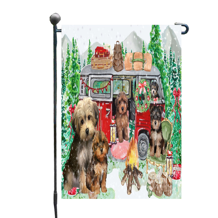 Christmas Time Camping with Yorkipoo Dogs Garden Flags- Outdoor Double Sided Garden Yard Porch Lawn Spring Decorative Vertical Home Flags 12 1/2"w x 18"h