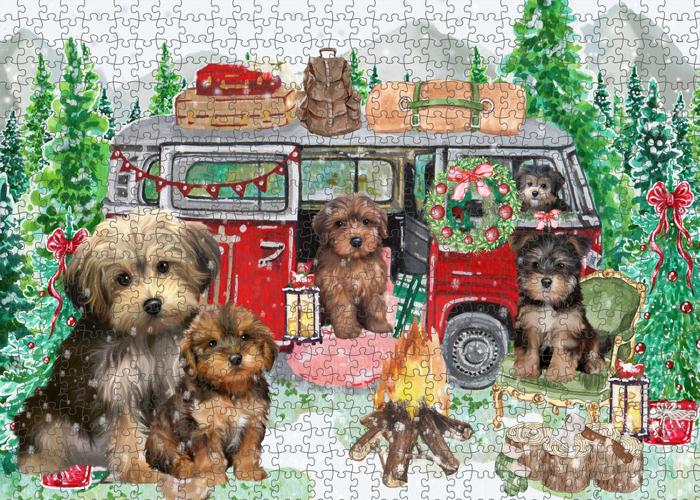 Christmas Time Camping with Yorkipoo Dogs Portrait Jigsaw Puzzle for Adults Animal Interlocking Puzzle Game Unique Gift for Dog Lover's with Metal Tin Box