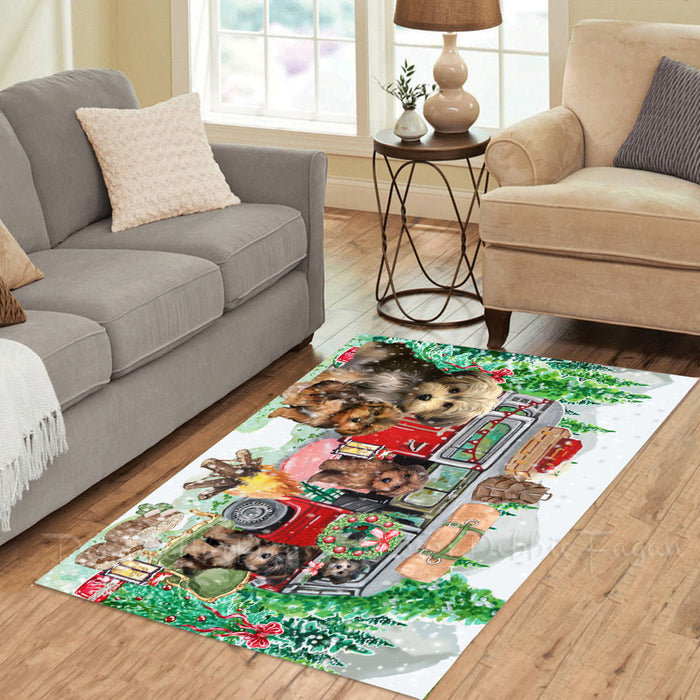 Christmas Time Camping with Yorkipoo Dogs Area Rug - Ultra Soft Cute Pet Printed Unique Style Floor Living Room Carpet Decorative Rug for Indoor Gift for Pet Lovers