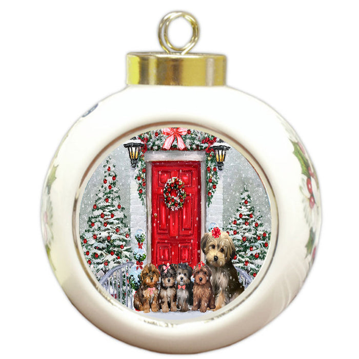 Christmas Holiday Welcome Yorkipoo Dogs Round Ball Christmas Ornament Pet Decorative Hanging Ornaments for Christmas X-mas Tree Decorations - 3" Round Ceramic Ornament