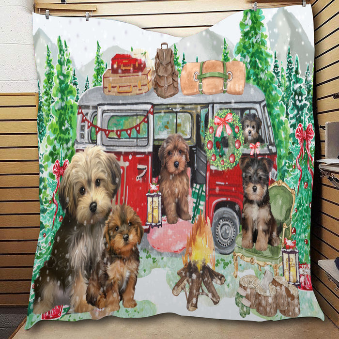 Christmas Time Camping with Yorkipoo Dogs  Quilt Bed Coverlet Bedspread - Pets Comforter Unique One-side Animal Printing - Soft Lightweight Durable Washable Polyester Quilt