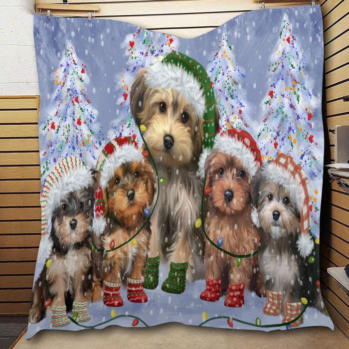 Christmas Lights and Yorkipoo Dogs  Quilt Bed Coverlet Bedspread - Pets Comforter Unique One-side Animal Printing - Soft Lightweight Durable Washable Polyester Quilt
