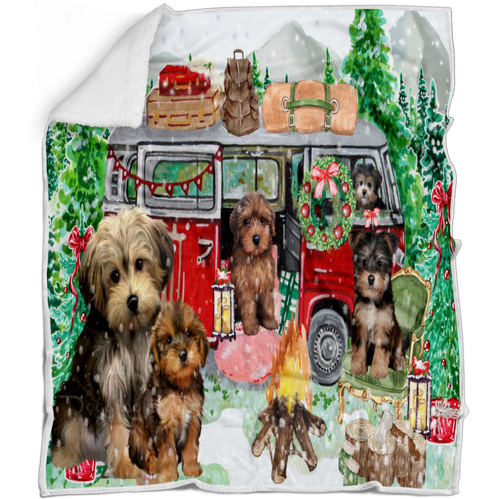 Christmas Time Camping with Yorkipoo Dogs Blanket - Lightweight Soft Cozy and Durable Bed Blanket - Animal Theme Fuzzy Blanket for Sofa Couch