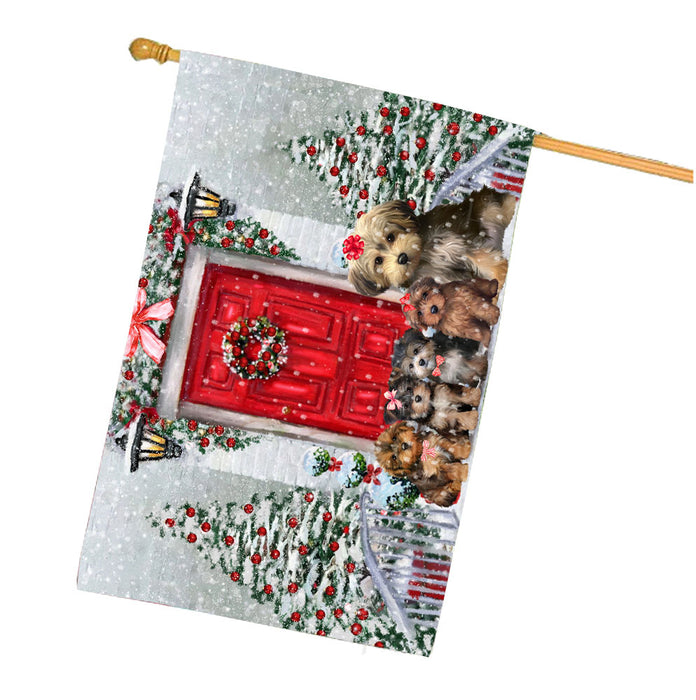 Christmas Holiday Welcome Yorkipoo Dogs House Flag Outdoor Decorative Double Sided Pet Portrait Weather Resistant Premium Quality Animal Printed Home Decorative Flags 100% Polyester