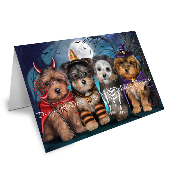 Happy Halloween Trick or Treat Yorkipoo Dogs Handmade Artwork Assorted Pets Greeting Cards and Note Cards with Envelopes for All Occasions and Holiday Seasons GCD76856