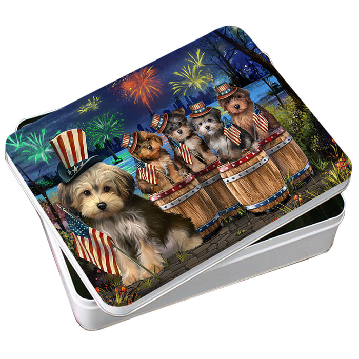 4th of July Independence Day Fireworks Yorkipoos at the Lake Photo Storage Tin PITN51062