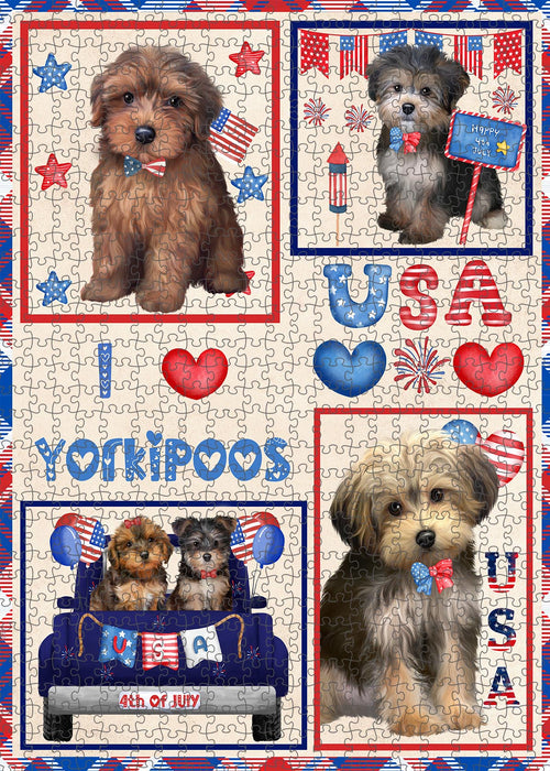 4th of July Independence Day I Love USA Yorkipoo Dogs Portrait Jigsaw Puzzle for Adults Animal Interlocking Puzzle Game Unique Gift for Dog Lover's with Metal Tin Box