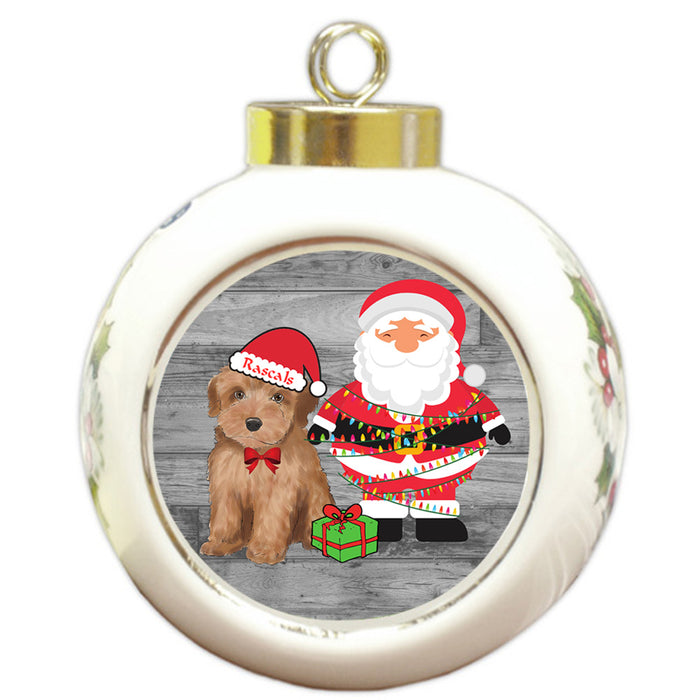 Custom Personalized Yorkipoo Dog With Santa Wrapped in Light Christmas Round Ball Ornament