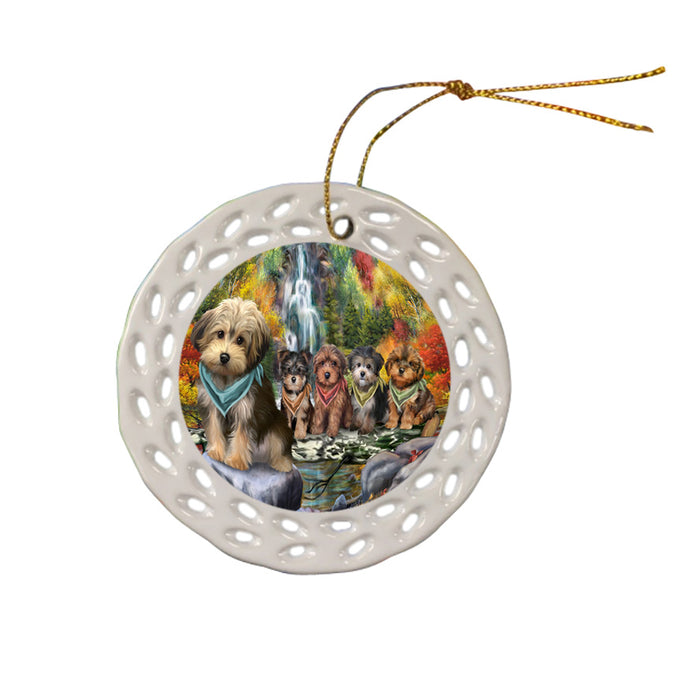 Scenic Waterfall Yorkipoos Dog Ceramic Doily Ornament DPOR50189