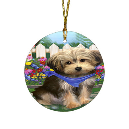 Spring Floral Yorkipoo Dog Round Flat Christmas Ornament RFPOR52180