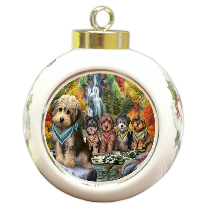 Scenic Waterfall Yorkipoos Dog Round Ball Christmas Ornament RBPOR50189