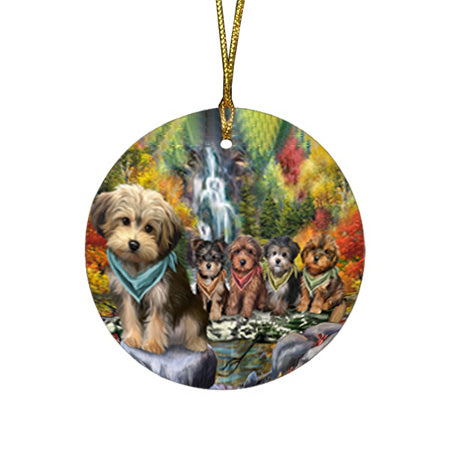 Scenic Waterfall Yorkipoos Dog Round Flat Christmas Ornament RFPOR50180