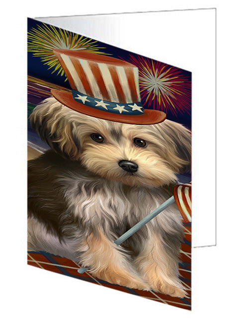 4th of July Independence Day Firework Yorkipoo Dog Handmade Artwork Assorted Pets Greeting Cards and Note Cards with Envelopes for All Occasions and Holiday Seasons GCD52940