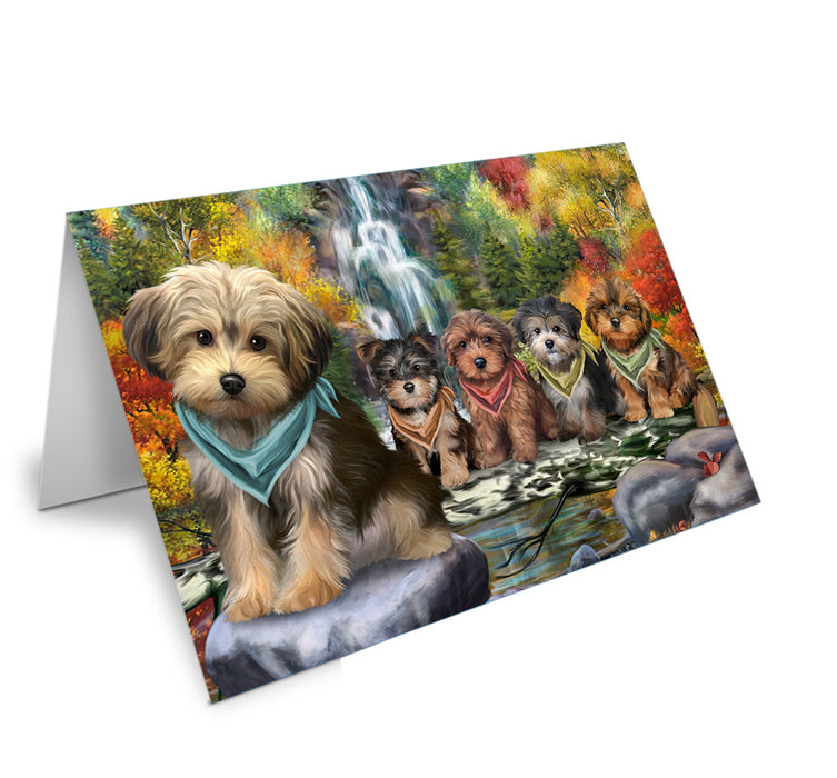 Scenic Waterfall Yorkipoos Dog Handmade Artwork Assorted Pets Greeting Cards and Note Cards with Envelopes for All Occasions and Holiday Seasons GCD54596