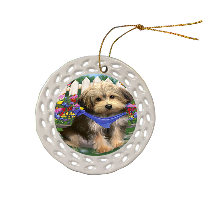 Spring Floral Yorkipoo Dog Ceramic Doily Ornament DPOR52189
