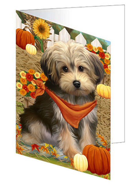Fall Autumn Greeting Yorkipoo Dog with Pumpkins Handmade Artwork Assorted Pets Greeting Cards and Note Cards with Envelopes for All Occasions and Holiday Seasons GCD56699