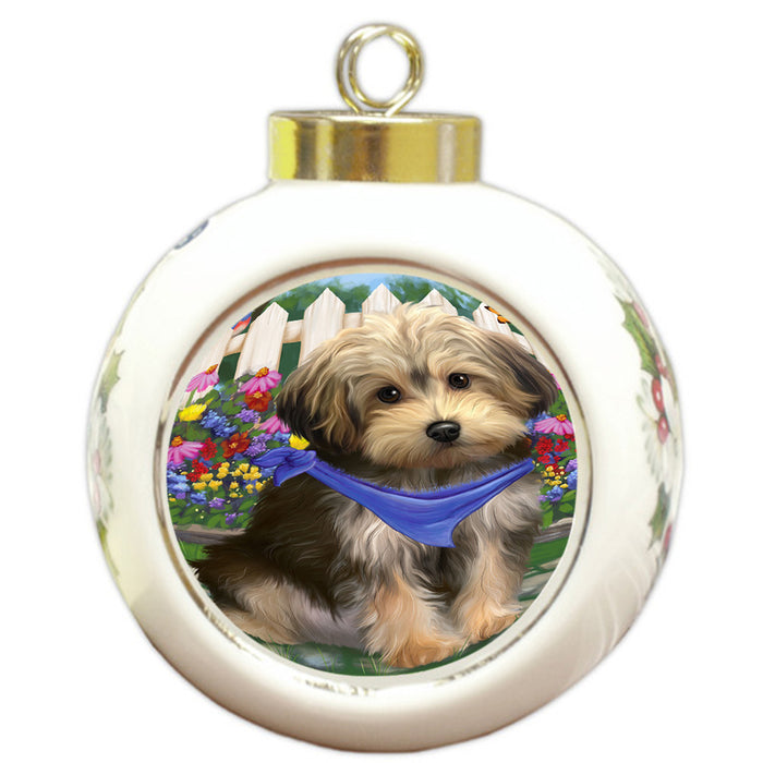 Spring Floral Yorkipoo Dog Round Ball Christmas Ornament RBPOR52189