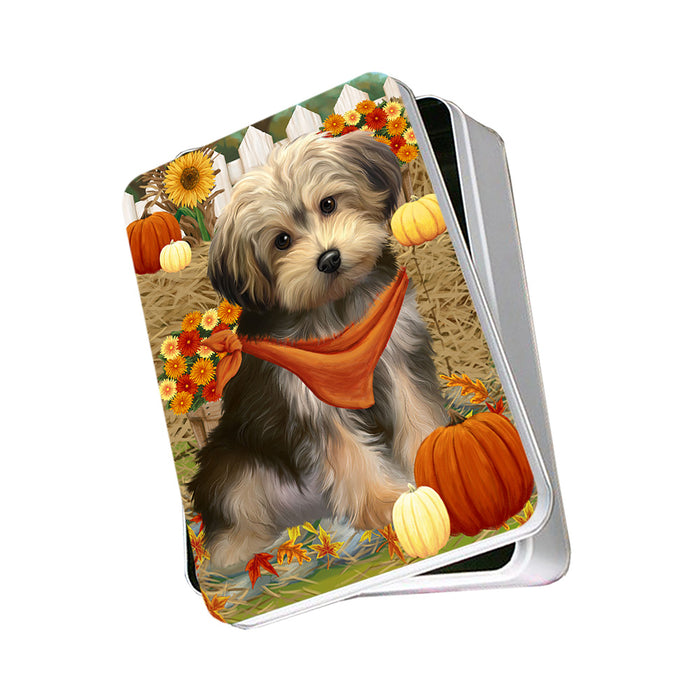 Fall Autumn Greeting Yorkipoo Dog with Pumpkins Photo Storage Tin PITN50890