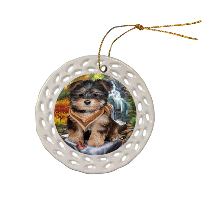 Scenic Waterfall Yorkipoo Dog Ceramic Doily Ornament DPOR50190