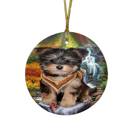Scenic Waterfall Yorkipoo Dog Round Flat Christmas Ornament RFPOR50181