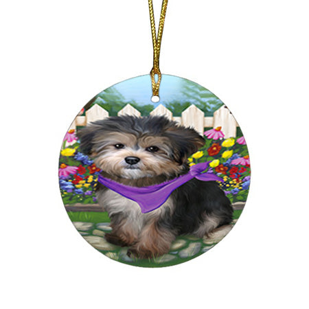 Spring Floral Yorkipoo Dog Round Flat Christmas Ornament RFPOR52181