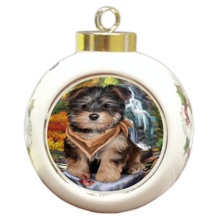 Scenic Waterfall Yorkipoo Dog Round Ball Christmas Ornament RBPOR50190