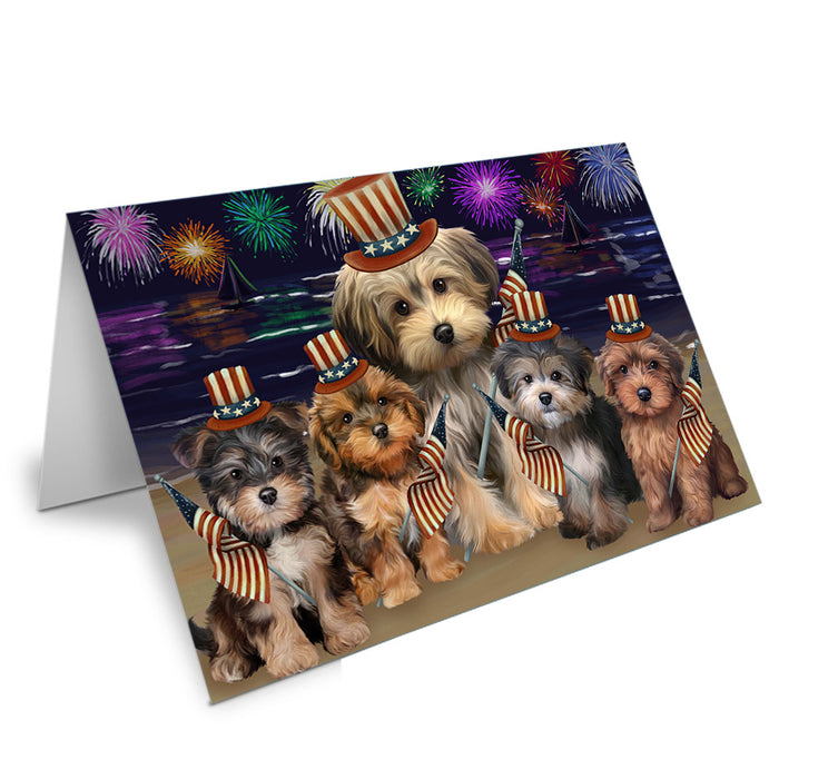 4th of July Independence Day Firework Yorkipoos Dog Handmade Artwork Assorted Pets Greeting Cards and Note Cards with Envelopes for All Occasions and Holiday Seasons GCD52943