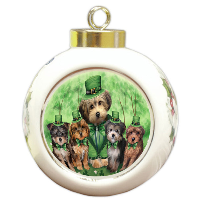 St. Patricks Day Irish Family Portrait Yorkipoos Dog Round Ball Christmas Ornament RBPOR49432