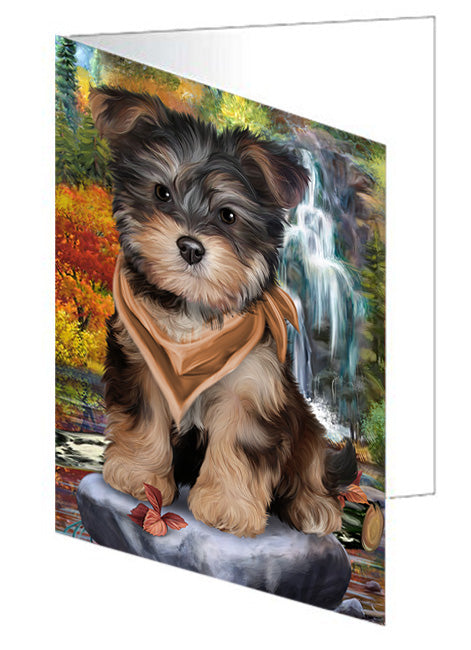 Scenic Waterfall Yorkipoo Dog Handmade Artwork Assorted Pets Greeting Cards and Note Cards with Envelopes for All Occasions and Holiday Seasons GCD54599