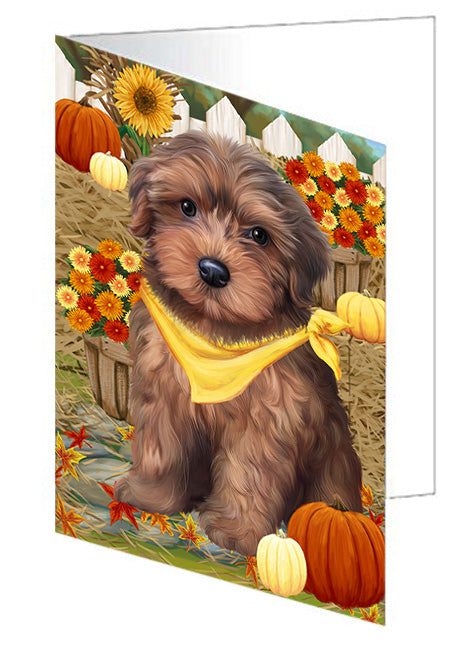 Fall Autumn Greeting Yorkipoo Dog with Pumpkins Handmade Artwork Assorted Pets Greeting Cards and Note Cards with Envelopes for All Occasions and Holiday Seasons GCD56702