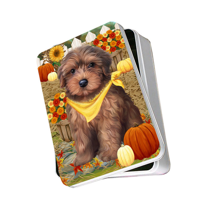 Fall Autumn Greeting Yorkipoo Dog with Pumpkins Photo Storage Tin PITN50891