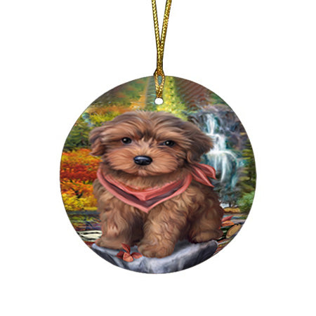 Scenic Waterfall Yorkipoo Dog Round Flat Christmas Ornament RFPOR50182