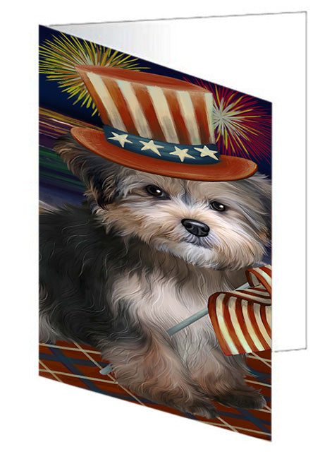 4th of July Independence Day Firework Yorkipoo Dog Handmade Artwork Assorted Pets Greeting Cards and Note Cards with Envelopes for All Occasions and Holiday Seasons GCD52946