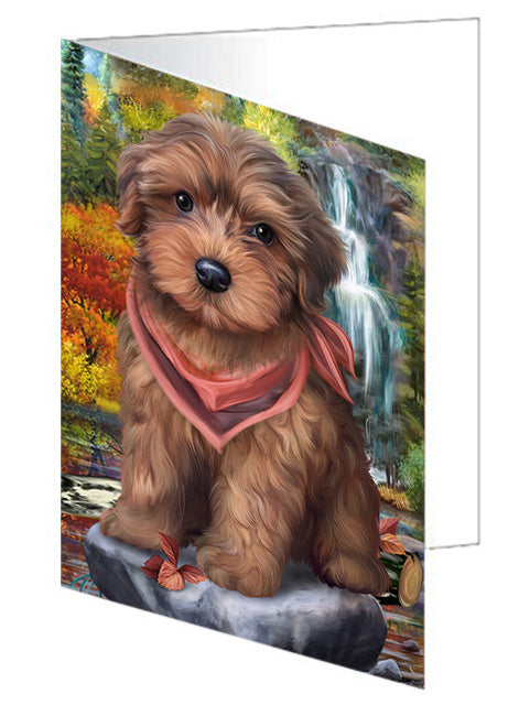 Scenic Waterfall Yorkipoo Dog Handmade Artwork Assorted Pets Greeting Cards and Note Cards with Envelopes for All Occasions and Holiday Seasons GCD54602