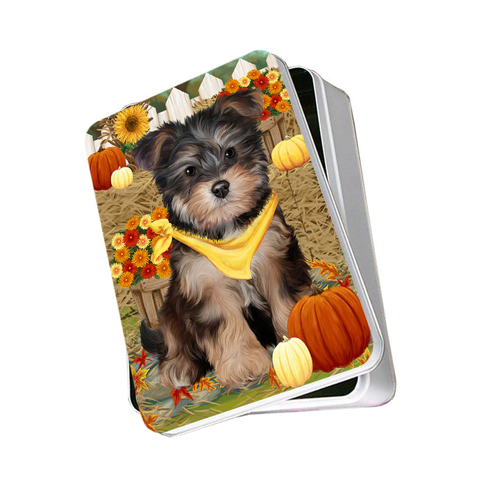 Fall Autumn Greeting Yorkipoo Dog with Pumpkins Photo Storage Tin PITN50892