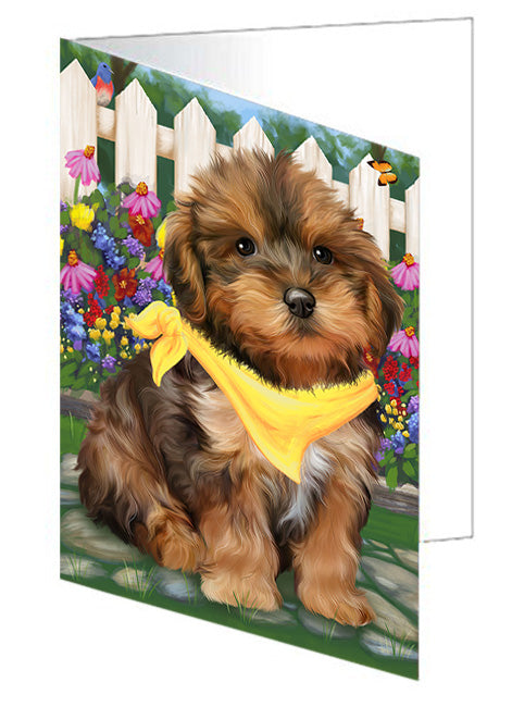 Spring Floral Yorkipoo Dog Handmade Artwork Assorted Pets Greeting Cards and Note Cards with Envelopes for All Occasions and Holiday Seasons GCD60605