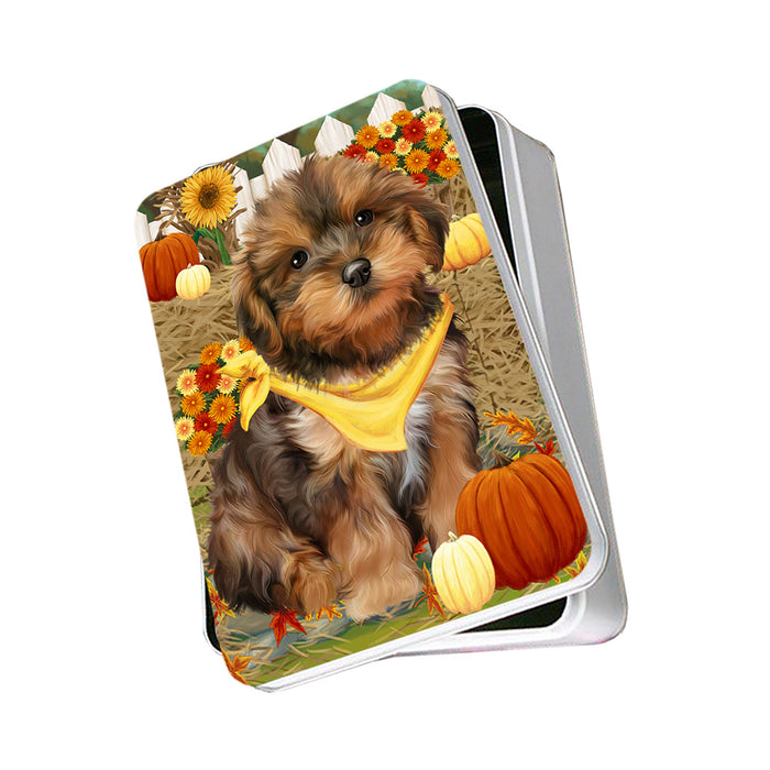 Fall Autumn Greeting Yorkipoo Dog with Pumpkins Photo Storage Tin PITN50893