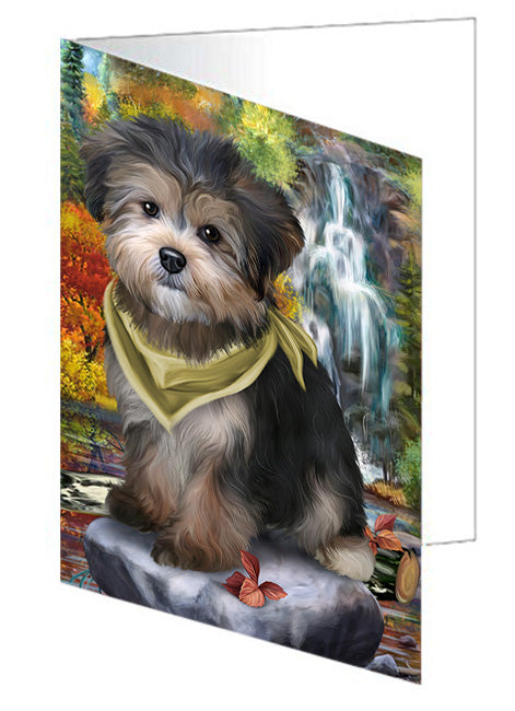 Scenic Waterfall Yorkipoo Dog Handmade Artwork Assorted Pets Greeting Cards and Note Cards with Envelopes for All Occasions and Holiday Seasons GCD54605