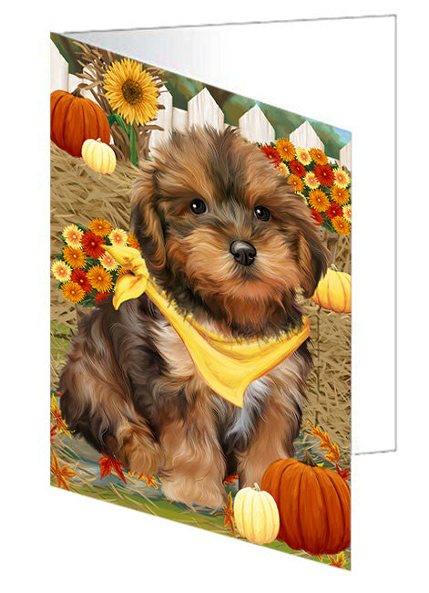 Fall Autumn Greeting Yorkipoo Dog with Pumpkins Handmade Artwork Assorted Pets Greeting Cards and Note Cards with Envelopes for All Occasions and Holiday Seasons GCD56708