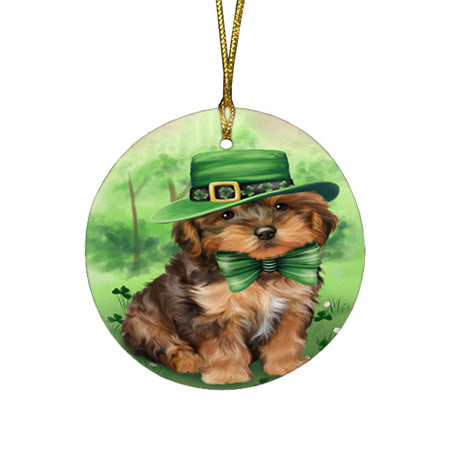 St. Patricks Day Irish Portrait Yorkipoo Dog Round Flat Christmas Ornament RFPOR49425