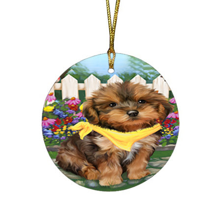 Spring Floral Yorkipoo Dog Round Flat Christmas Ornament RFPOR52183