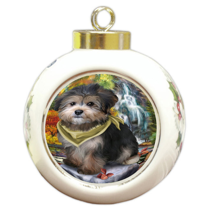 Scenic Waterfall Yorkipoo Dog Round Ball Christmas Ornament RBPOR50192